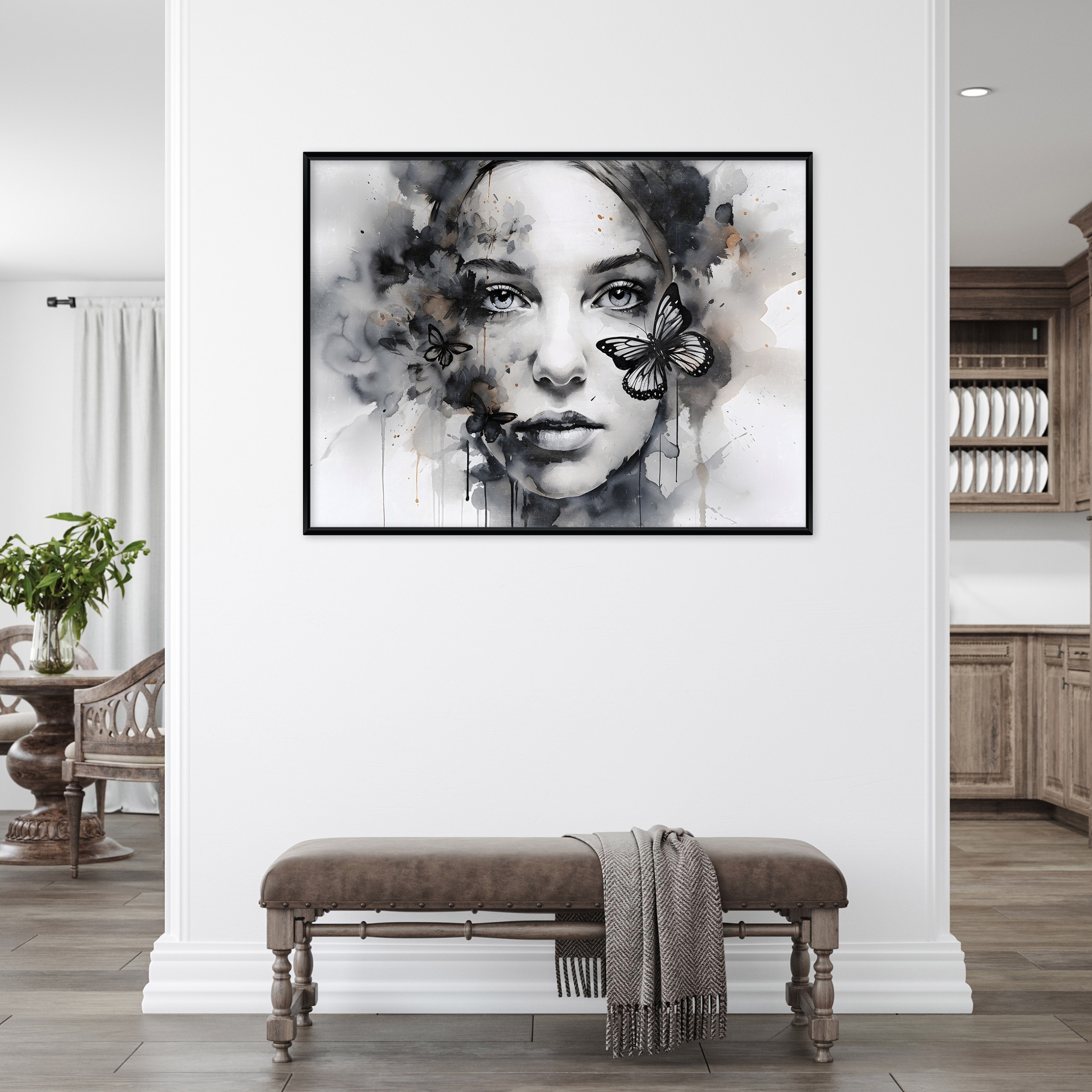 Black-framed canvas print: woman's face, living room or bedroom, 40x30