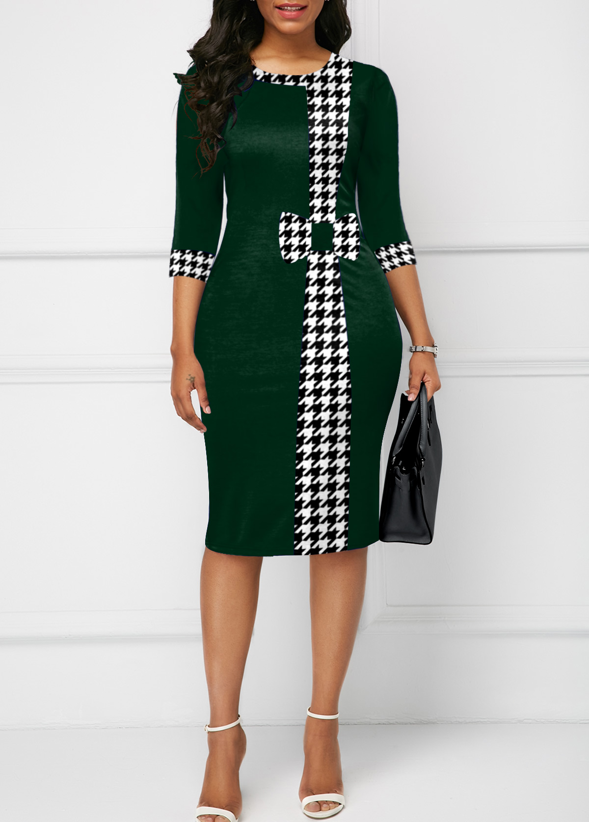 Houndstooth Print Bowknot Bodycon Dress