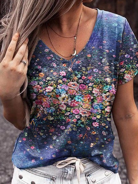 V Neck Resort Short Sleeve Floral Shirts & Tops