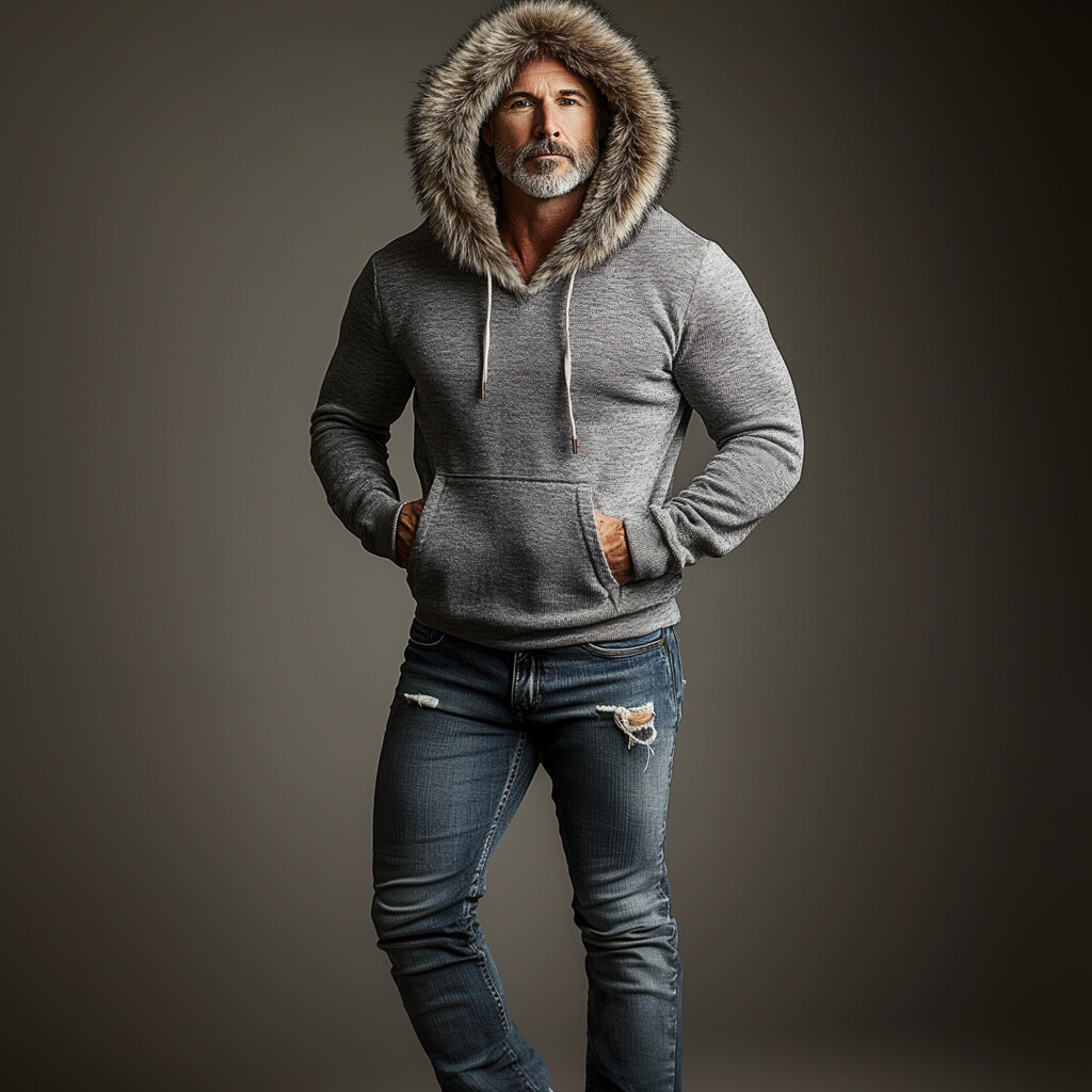 Men's Casual Long Sleeve Pocket Drawstring Fluffy Trim Hoodie