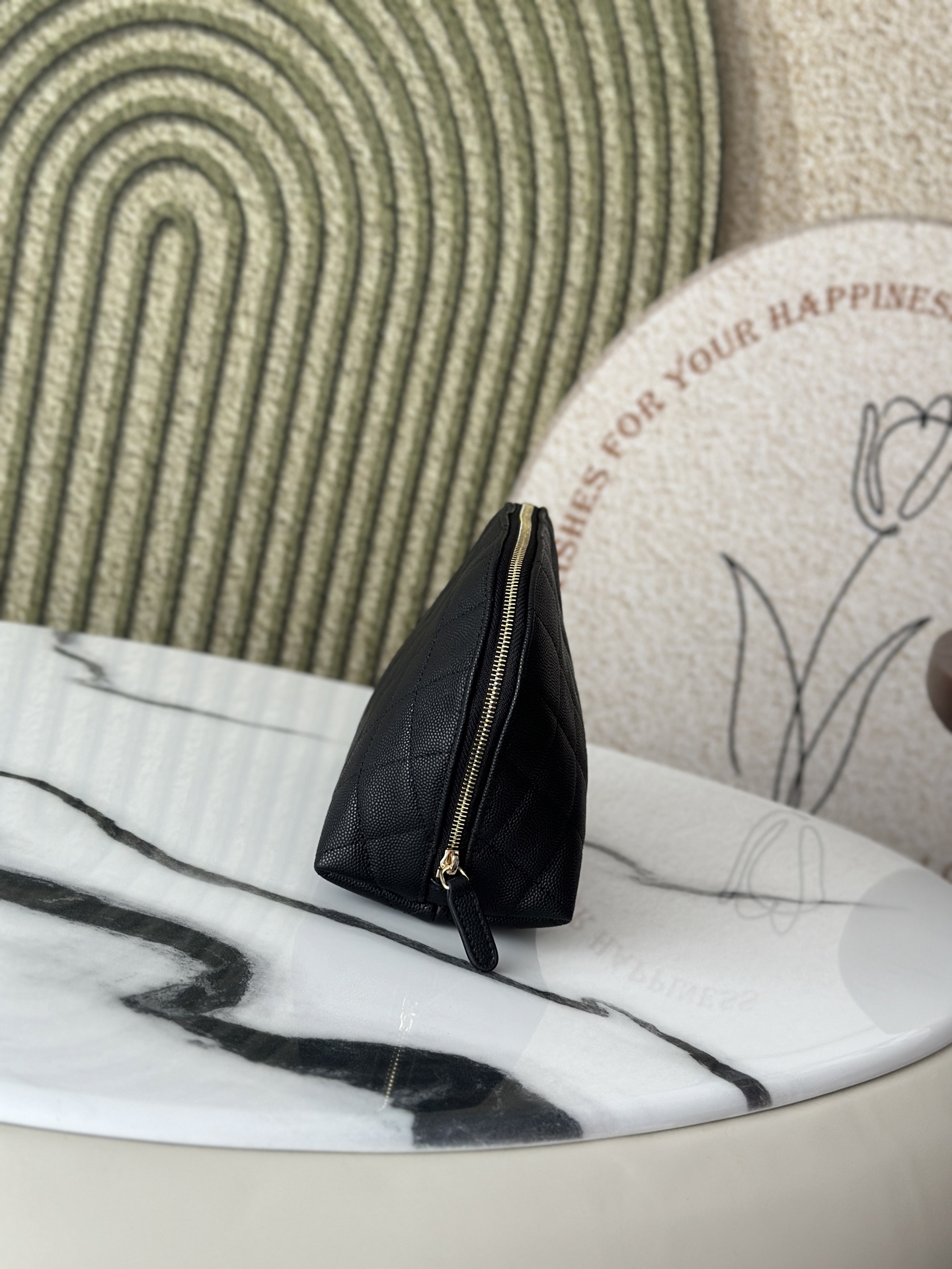 Classic Quilted Caviar Curvy Pouch Cosmetic Case in Black with Gold-Tone Hardware - Mocuir