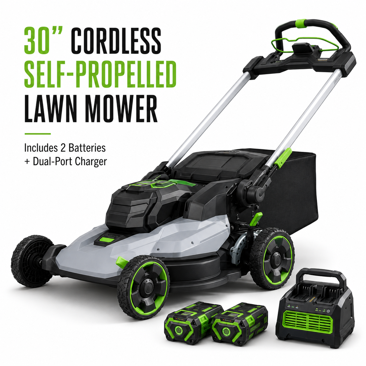 30 inch cordless self-propelled lawn mower with batteries and charger