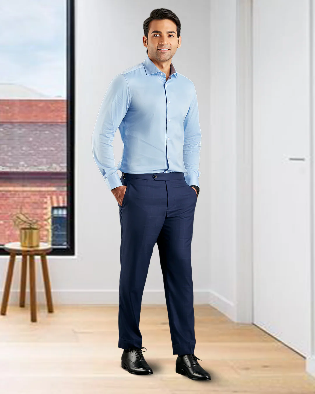 Super 160s Navy Prince of Wales Checks Dress Pant