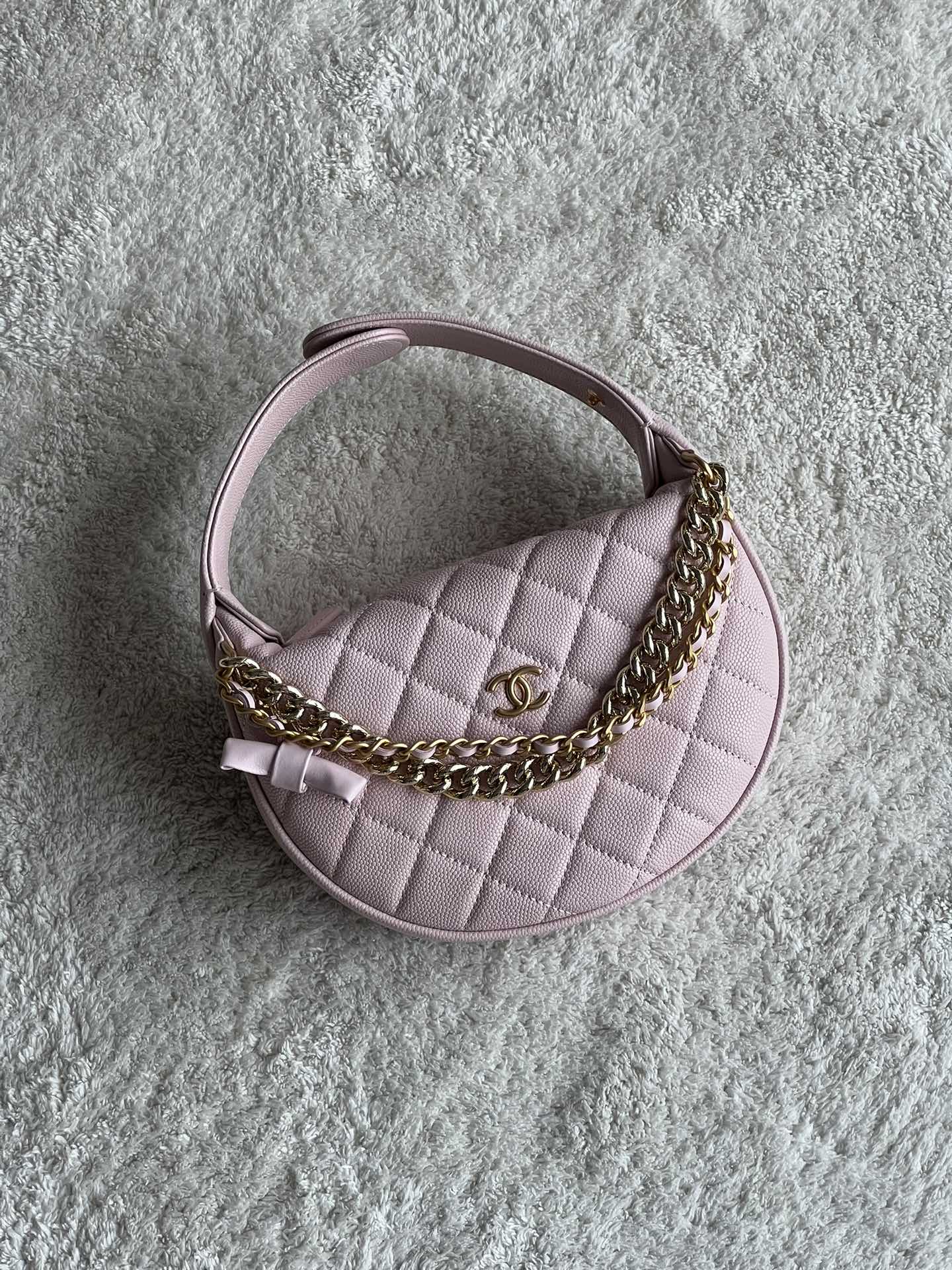 24S Half Moon Hula Hoop Bag in Pink Quilted Caviar Leather with Light Gold-Tone Hardware and Bow Detail - Mocuir