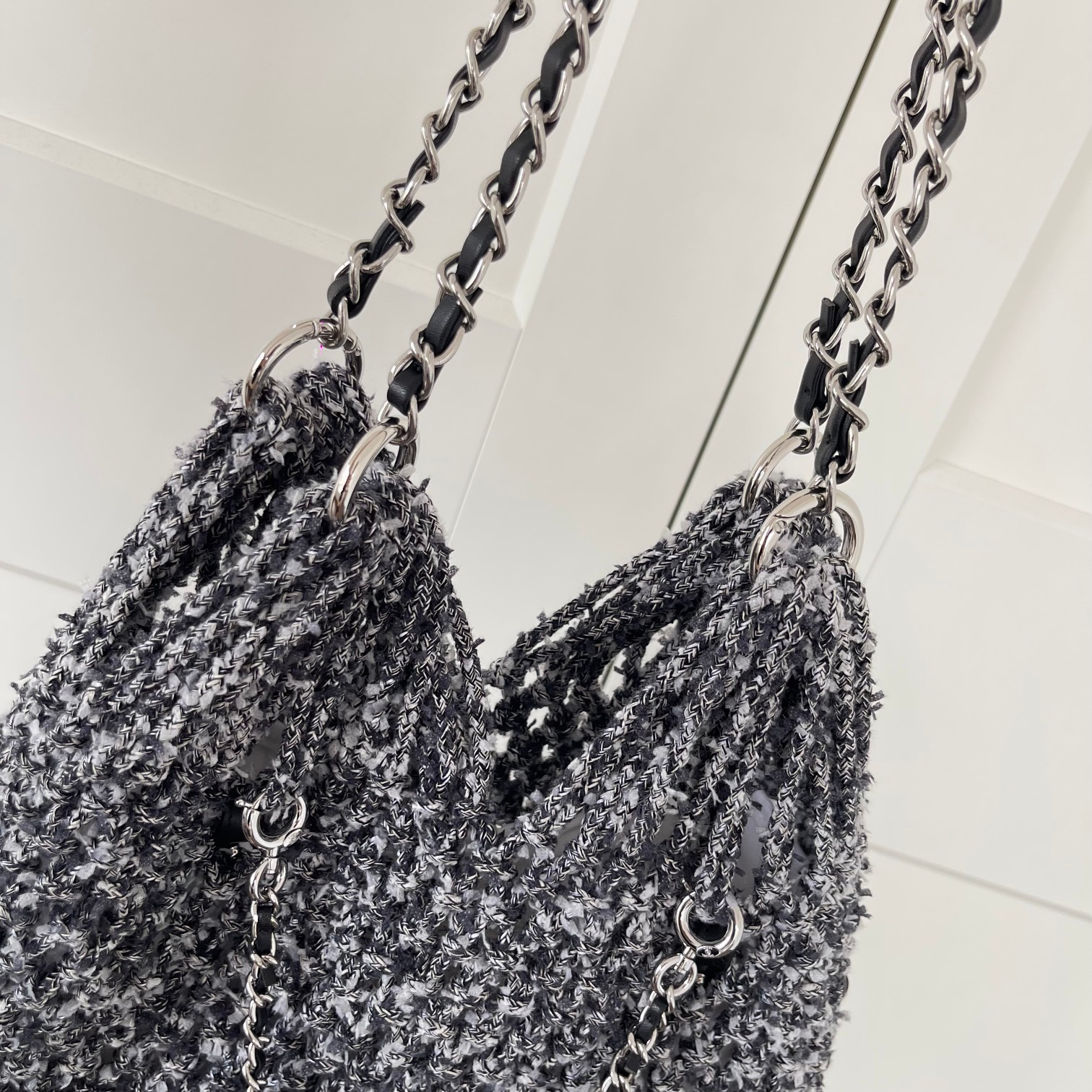 24C Black-Grey Knitted Mesh Tote Handbag with Attached Black Calfskin Mini Flap Bag and Silver-Tone Hardware - Mocuir