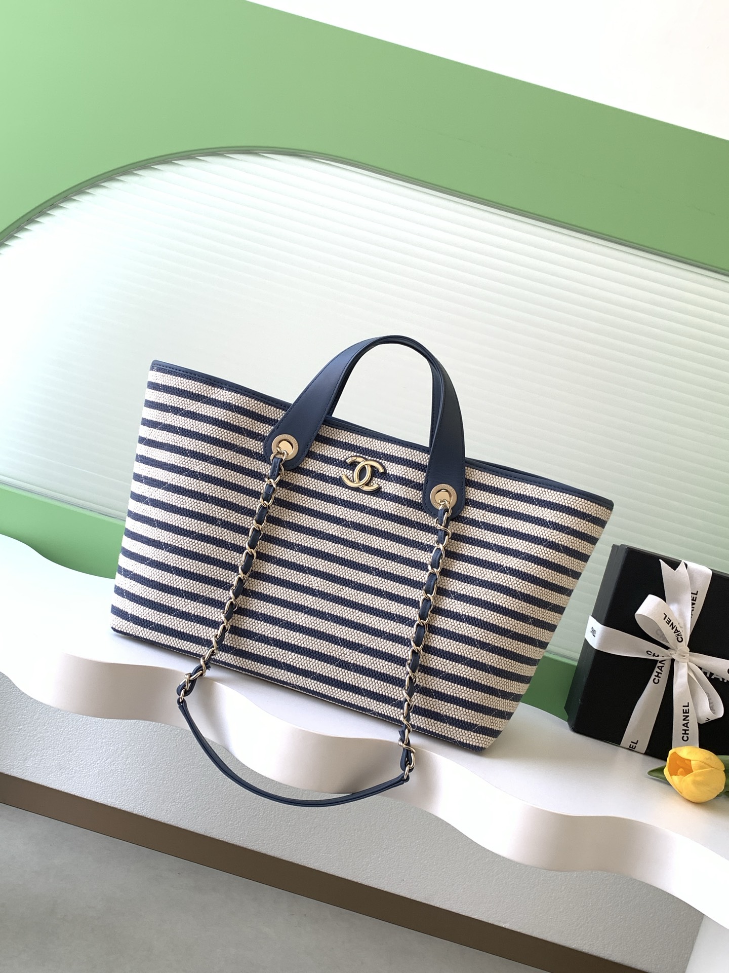 Deauville Large Striped Canvas Tote Bag in Navy Blue with Gold-Tone Hardware - Mocuir