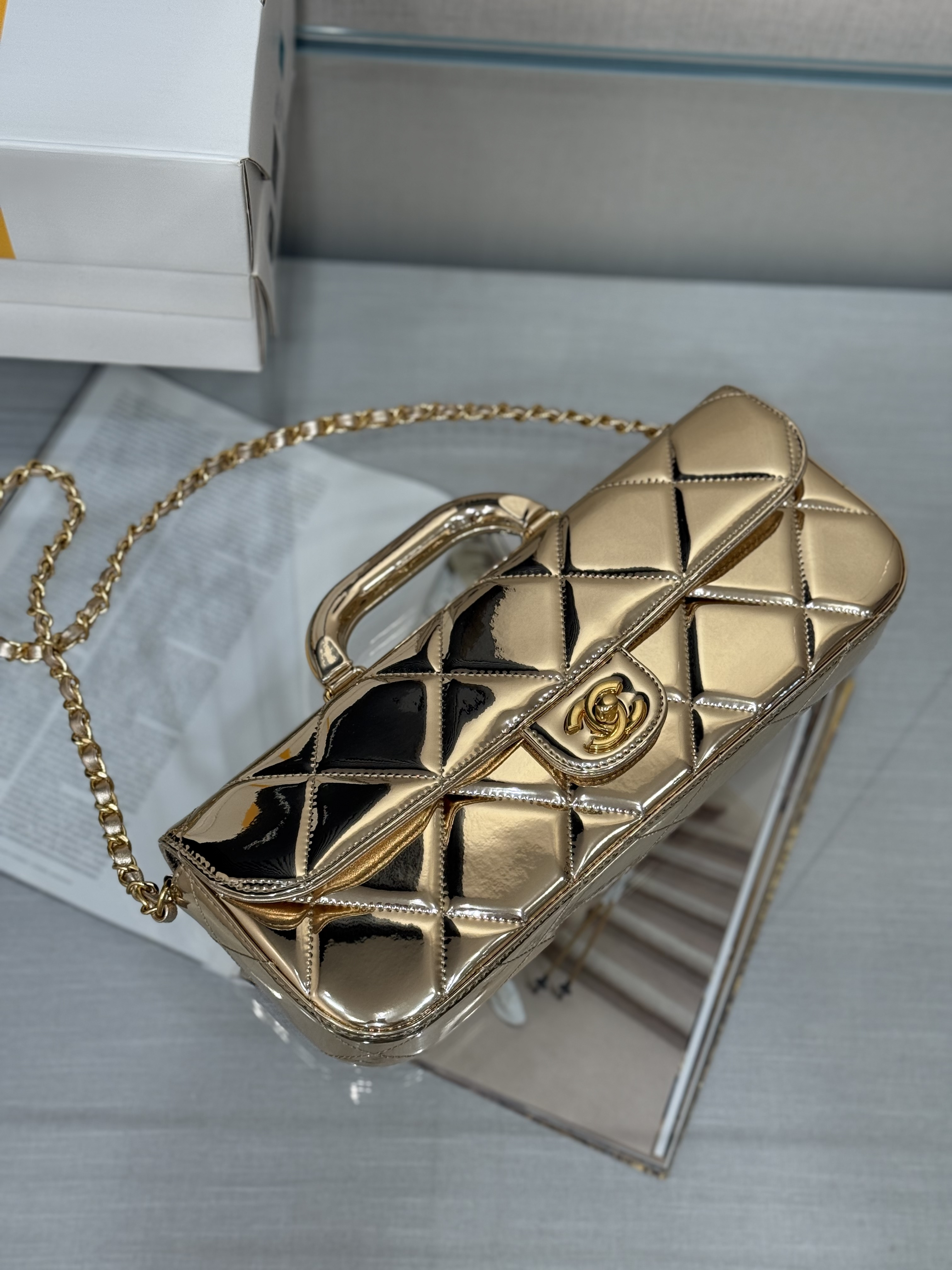 Large Flap Bag With Handle in Metallic Mirror Gold Calfskin with Gold-Tone Hardware - Mocuir