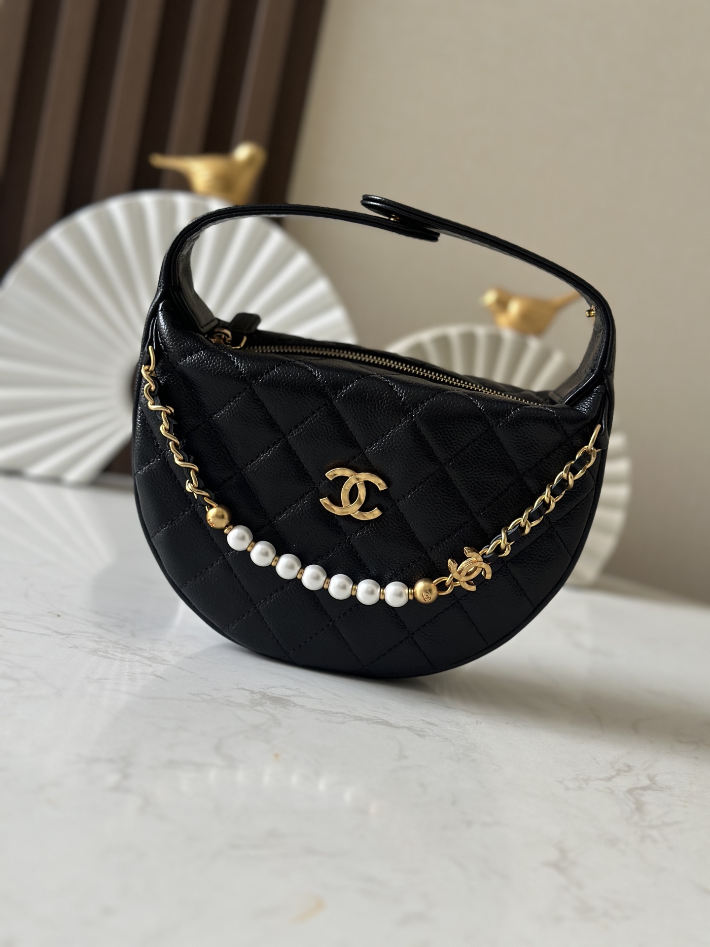 25S Black Quilted Caviar Calfskin Half MoonHula Hoop Bag with Pearl Chain - Mocuir