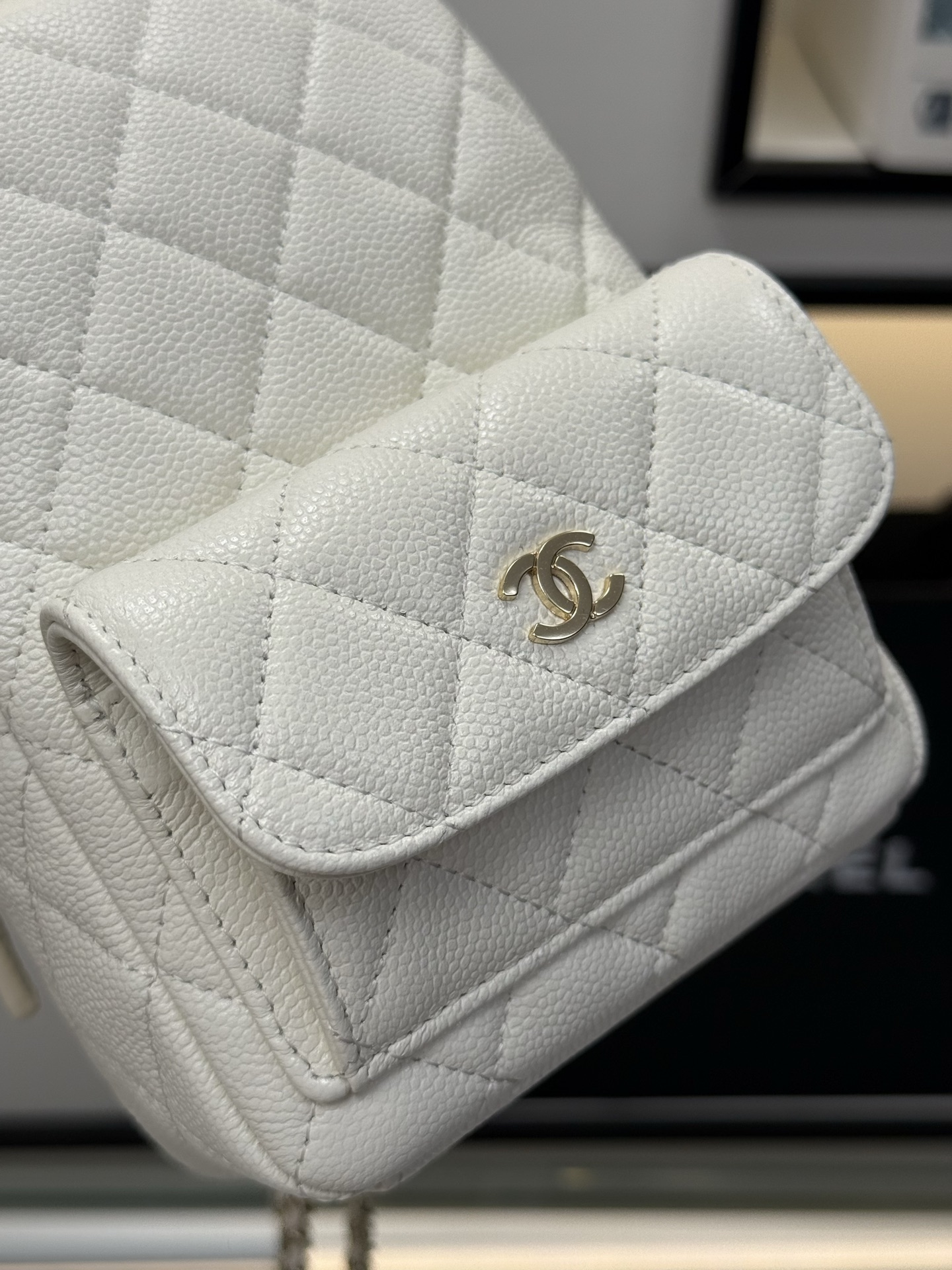 Mini Backpack with Chain (AS3787) in White Caviar Leather with Gold-Tone Hardware, 24C Cruise Collection - Mocuir