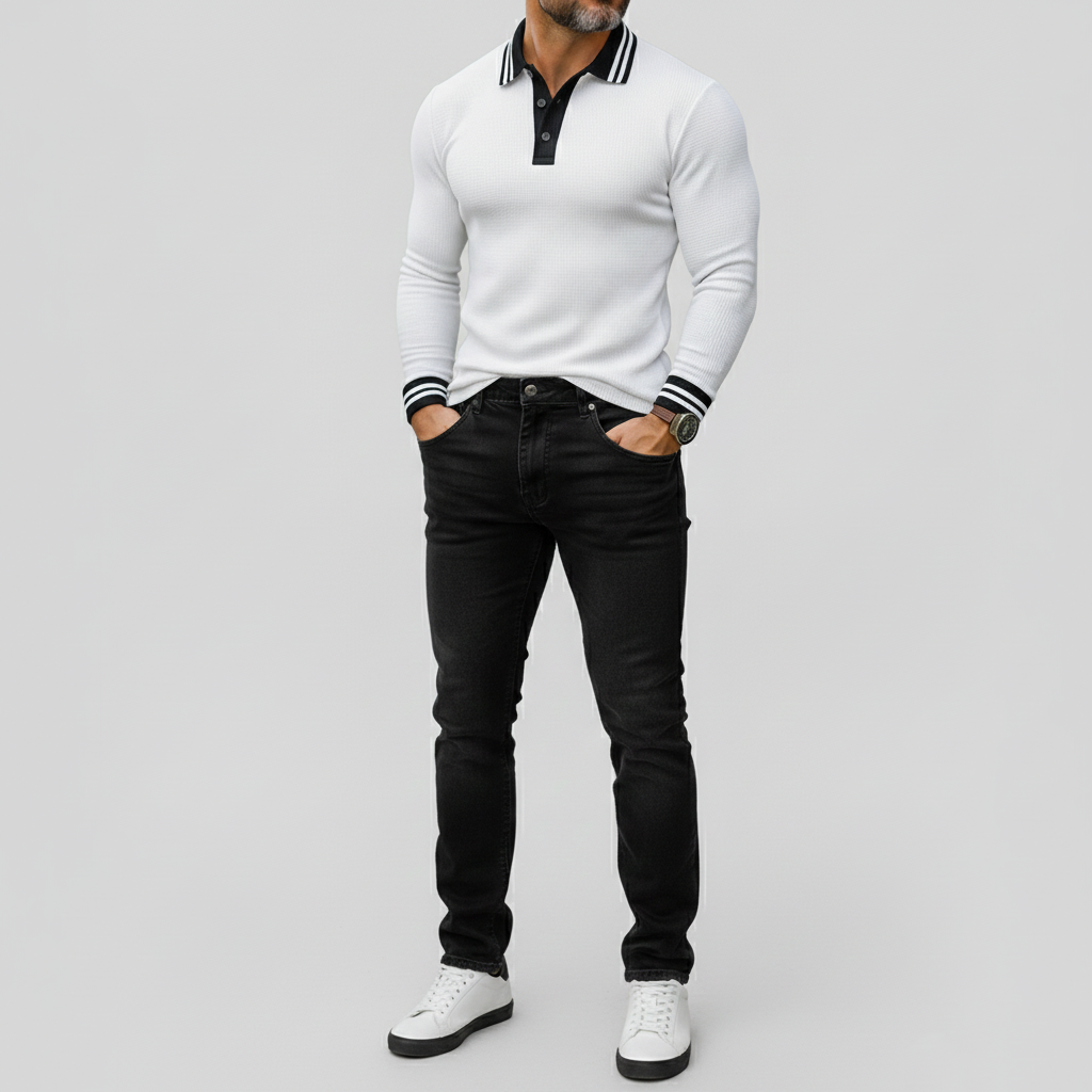 Men's White Waffle Contrast Striped Turndown Collar Half Button Long Sleeve Polo Shirts