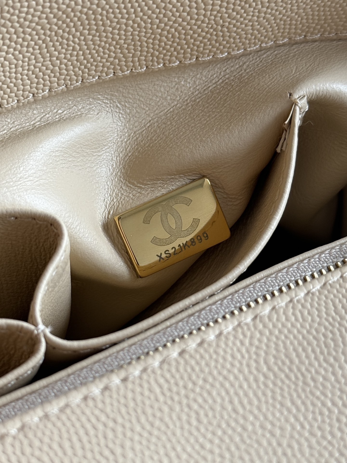 Small Coco Handle Flap Bag in Light Beige Quilted Caviar Leather with Light Gold-Tone Hardware - Mocuir