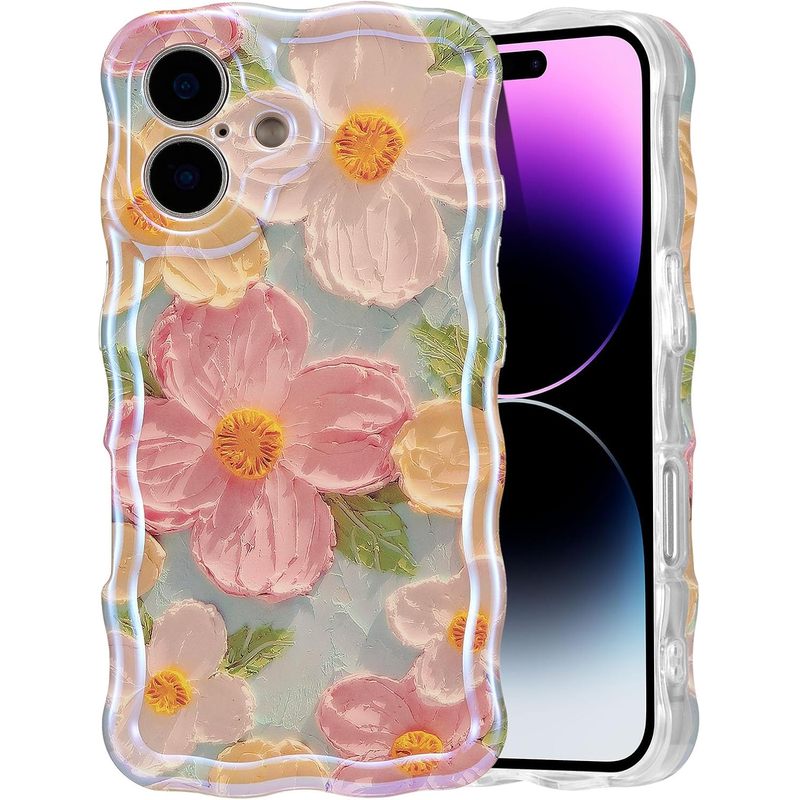 Case for iPhone 16, Colorful Retro Oil Painting Printed Flower Laser Glossy Pattern Cute Curly Wave Edge Exquisite Phone Cover Stylish Durable TPU Protective Case for Girl Women-Green