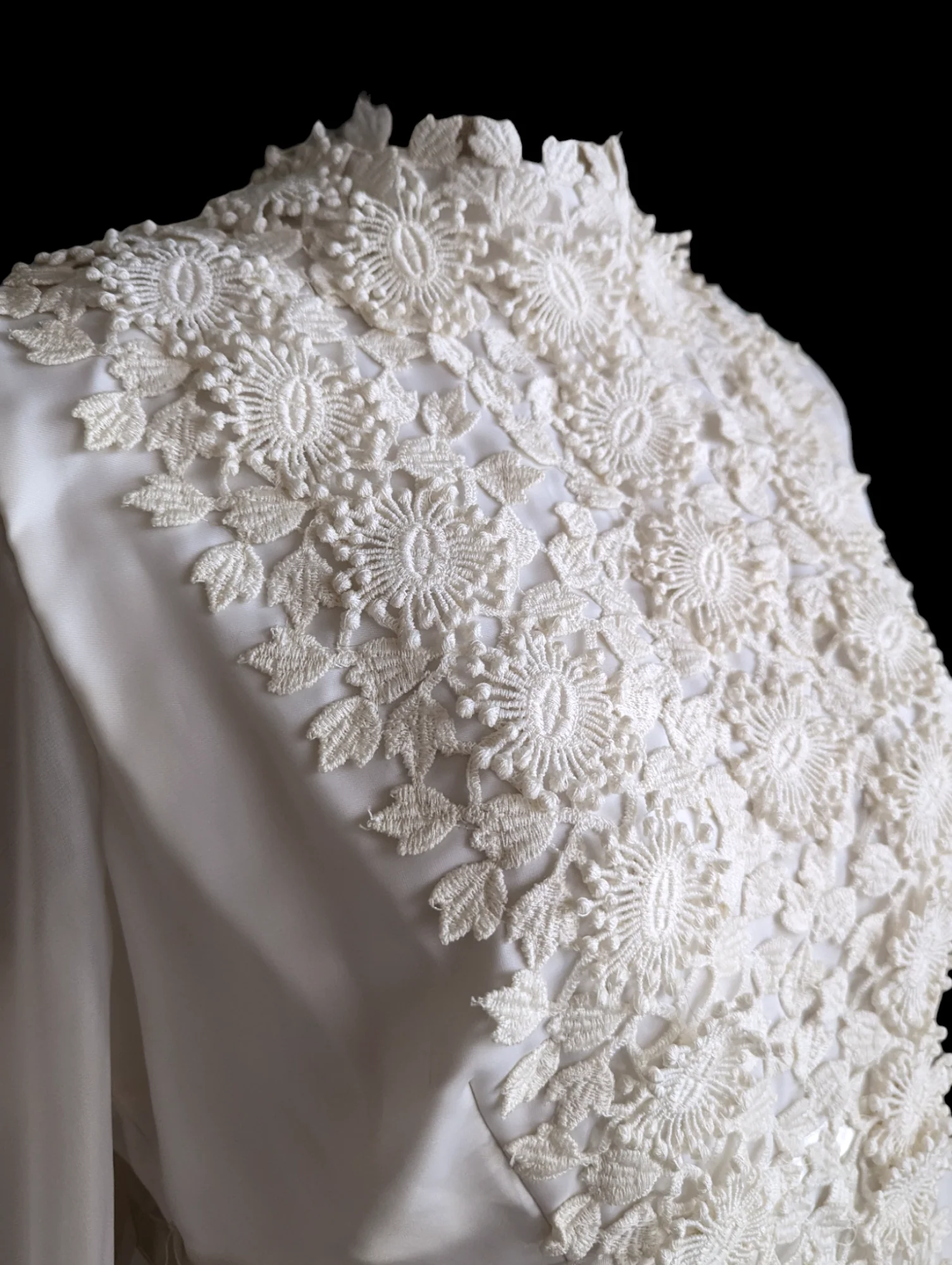1970s Passion Flower Lace Maternity Column Wedding Dress with Long Sleeves. Trailing Ribbon, Empire Waist and Bustle Train