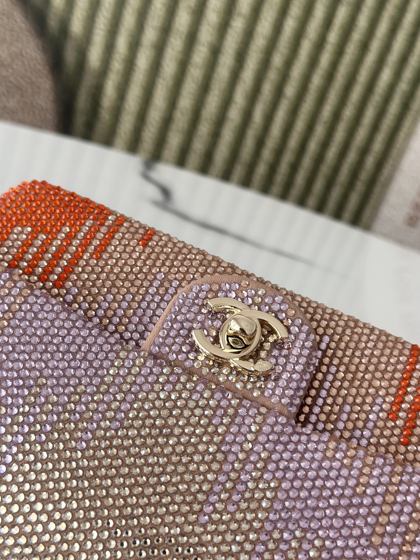 Classic Flap Mini Bag in Nude Plaid Strass Crystal Embellished Suede (Gold Hardware) - Mocuir