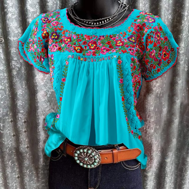 Women Floral Casual Round Neckline Short Sleeve Blouses