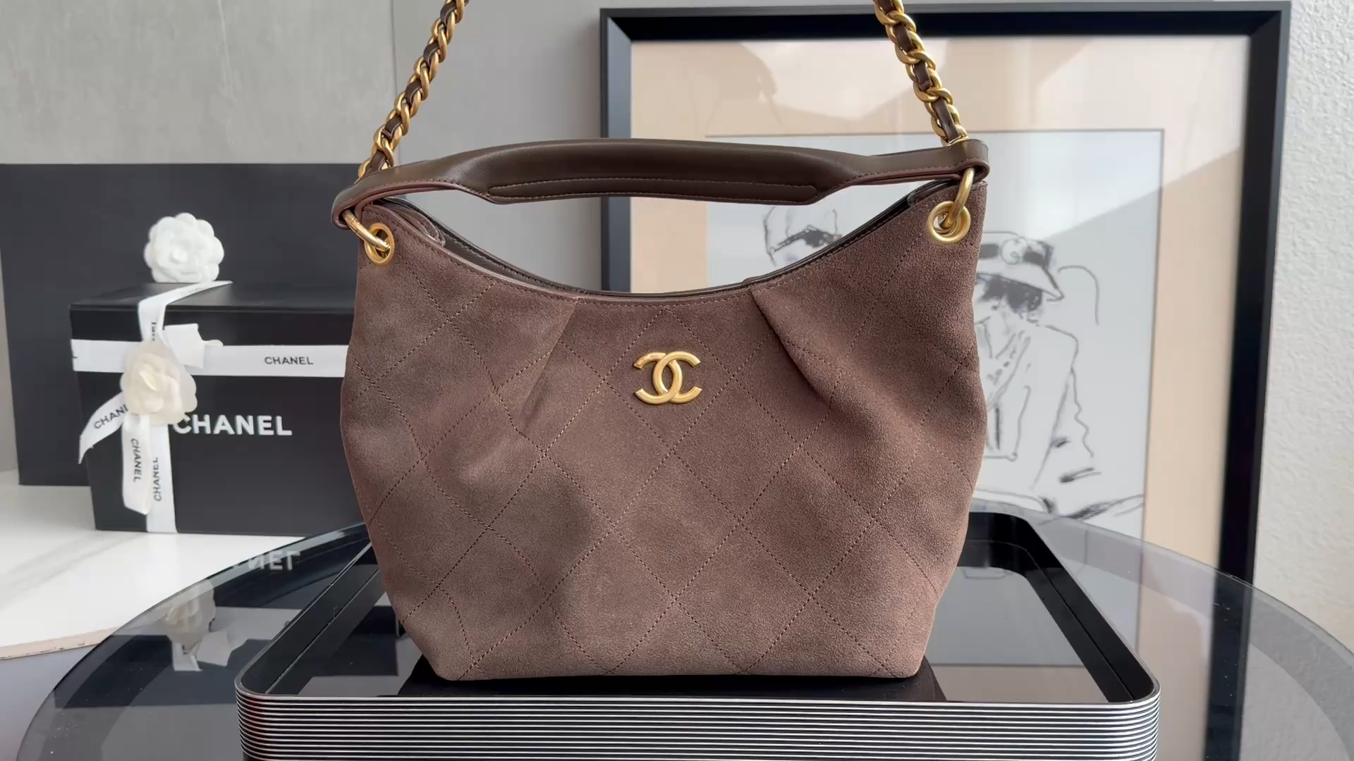 26C Hobo Shoulder Bag in Dark Brown Quilted Suede Calfskin with Light Gold-Tone Hardware - Mocuir