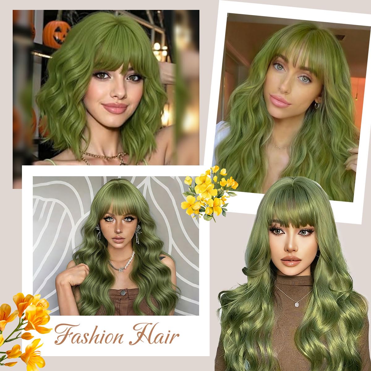 Matcha Green Wig with Bangs 26 Inch Long Curly Wavy Wigs for Women Begineer-friendly Synthetic Wig for Daily Party Holiday Use