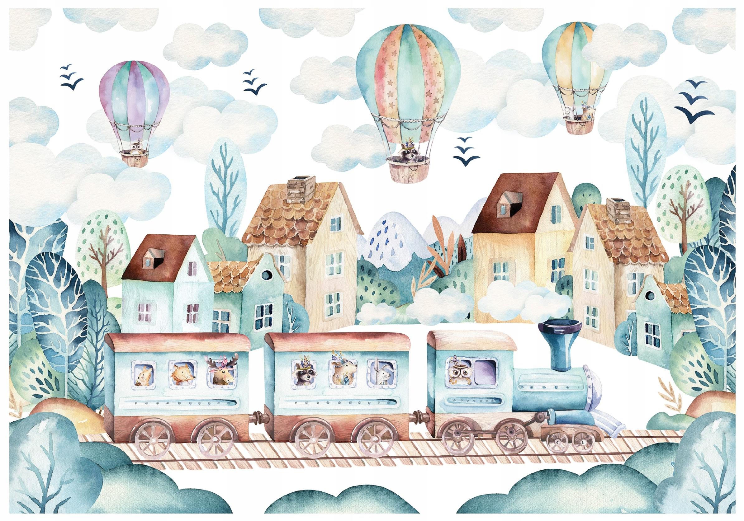 Scandinavian train balloon wall mural for children, wallpaper