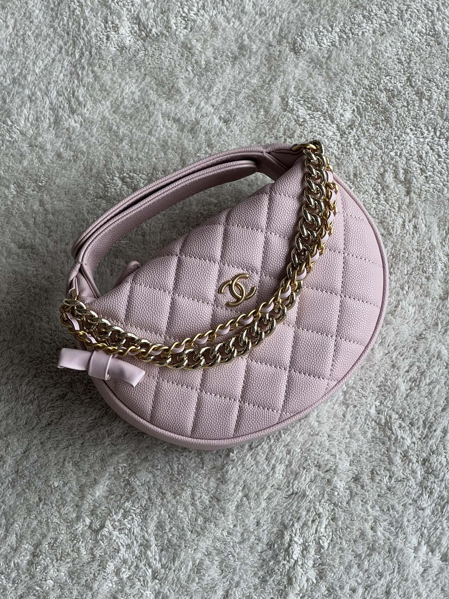 24S Half Moon Hula Hoop Bag in Pink Quilted Caviar Leather with Light Gold-Tone Hardware and Bow Detail - Mocuir