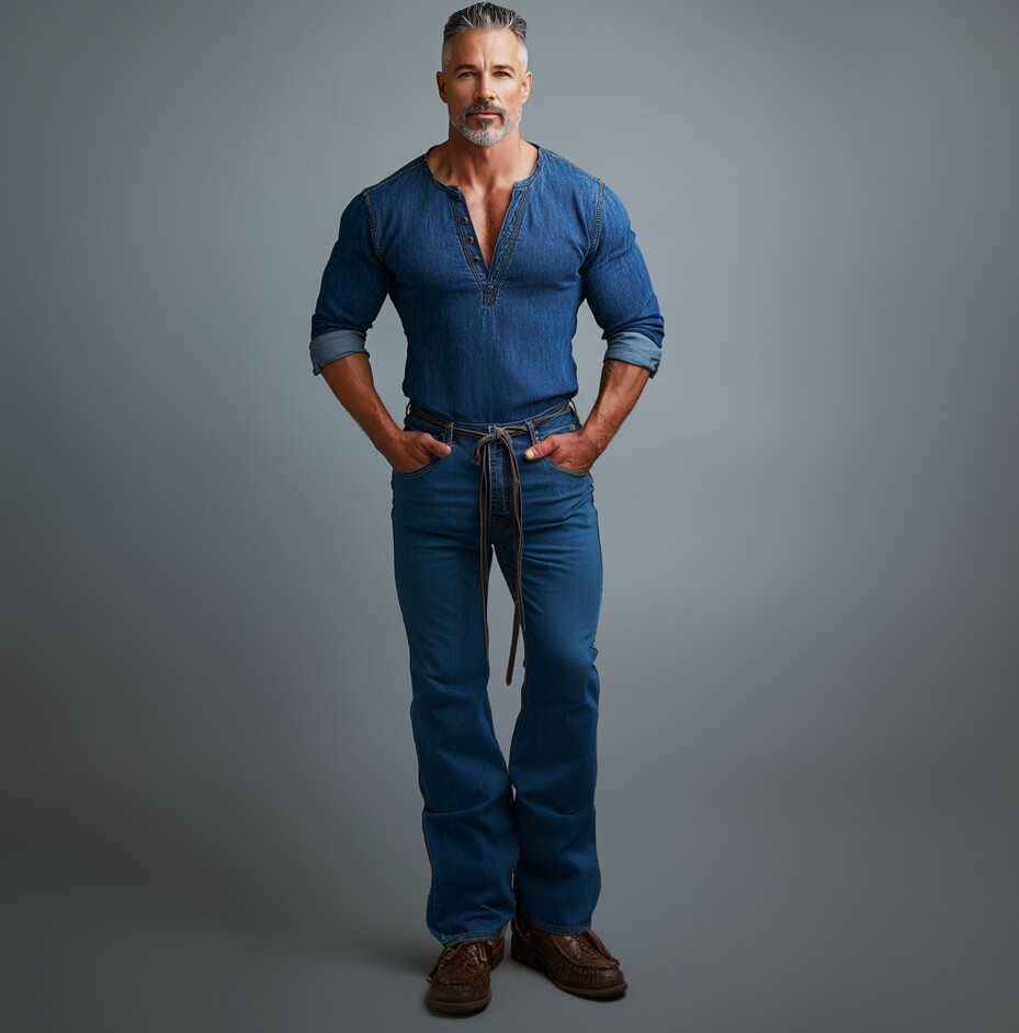 Men's Casual Denim Half Button Long Sleeve Henley Shirt