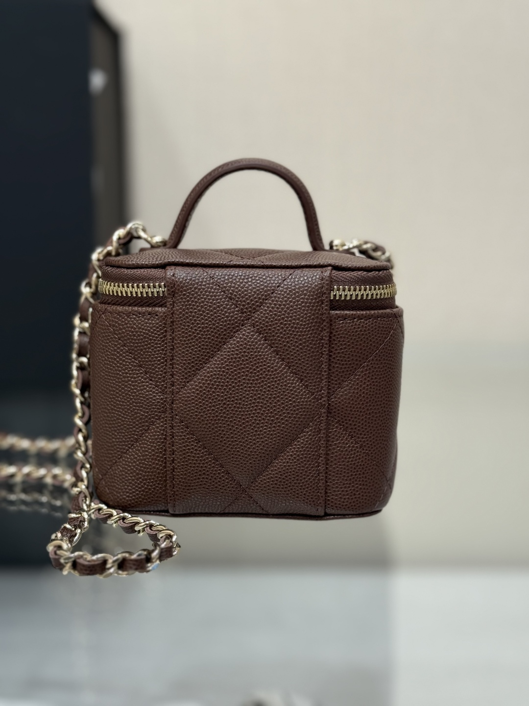 Mini Top Handle Vanity Case (AS5993) in Dark Brown Quilted Grained Calfskin (Caviar) with Antique Gold-Tone Hardware - Mocuir