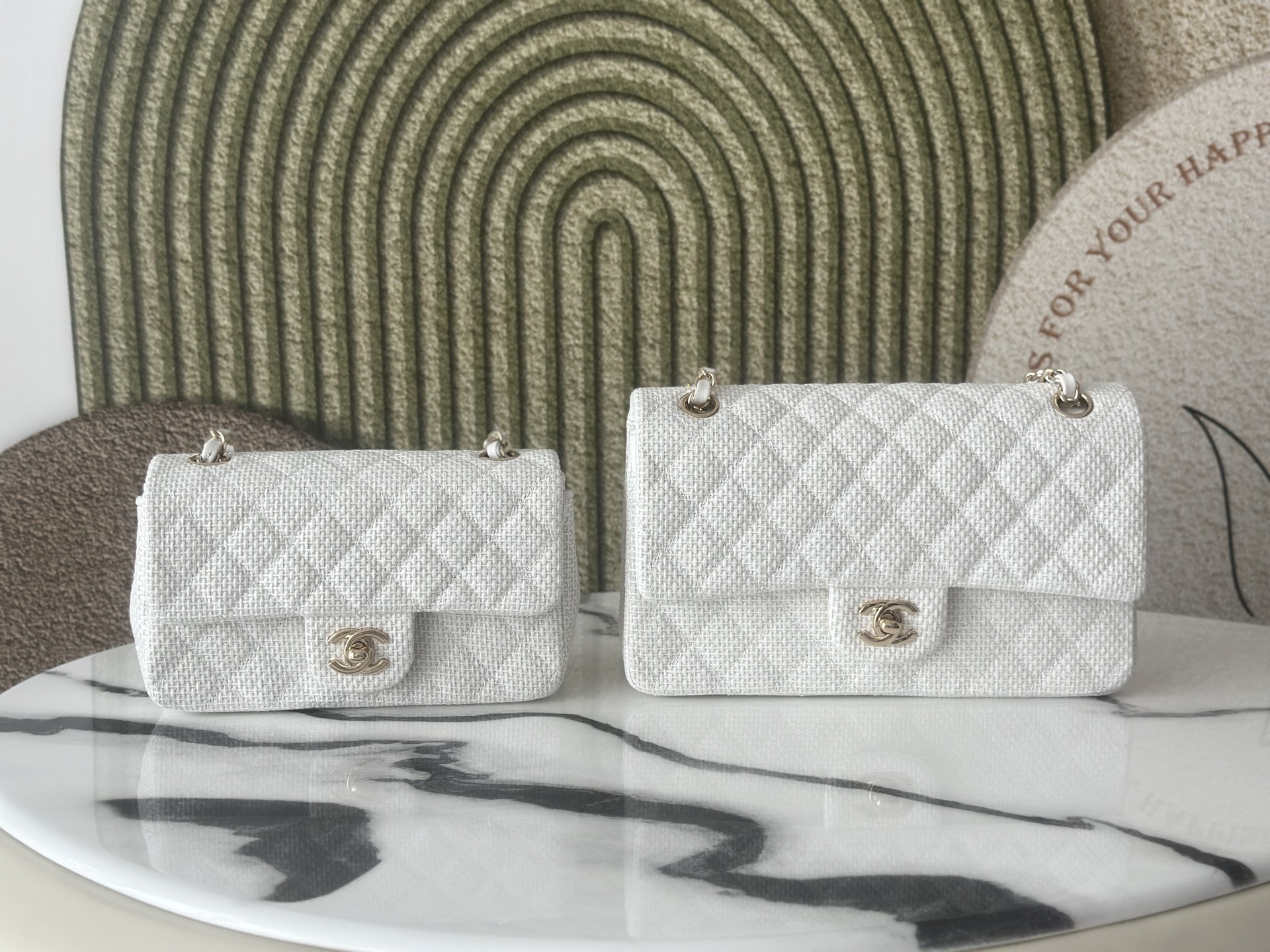 Classic Double Flap Bag in White Tweed with Light Gold Hardware (Model A01112  A69900) - Mocuir