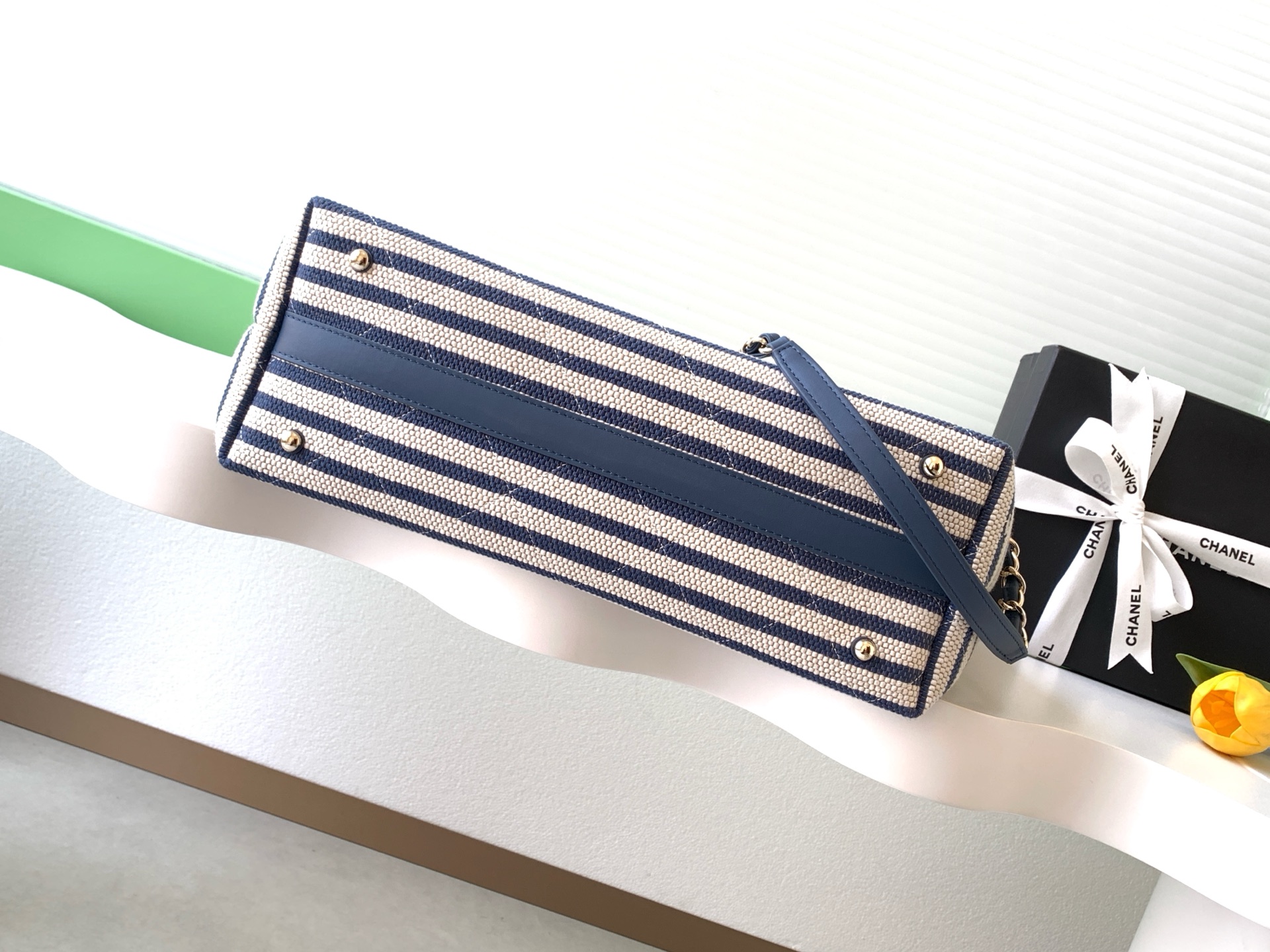 Deauville Large Striped Canvas Tote Bag in Navy Blue with Gold-Tone Hardware - Mocuir