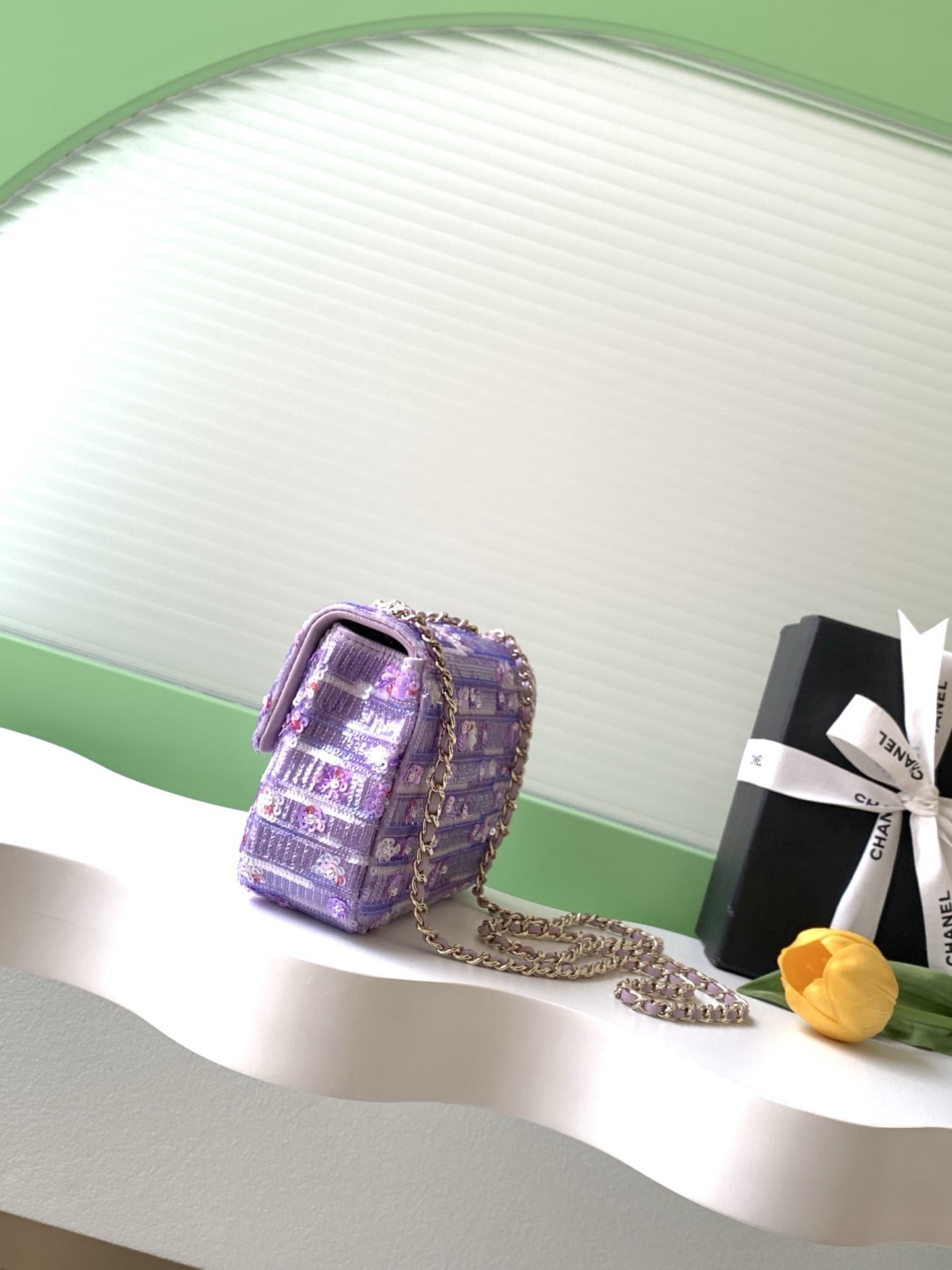 26C Classic Flap Mini Bag in Purple Sequin & Floral Embroidered Tweed with Light Gold-Tone Hardware - Mocuir