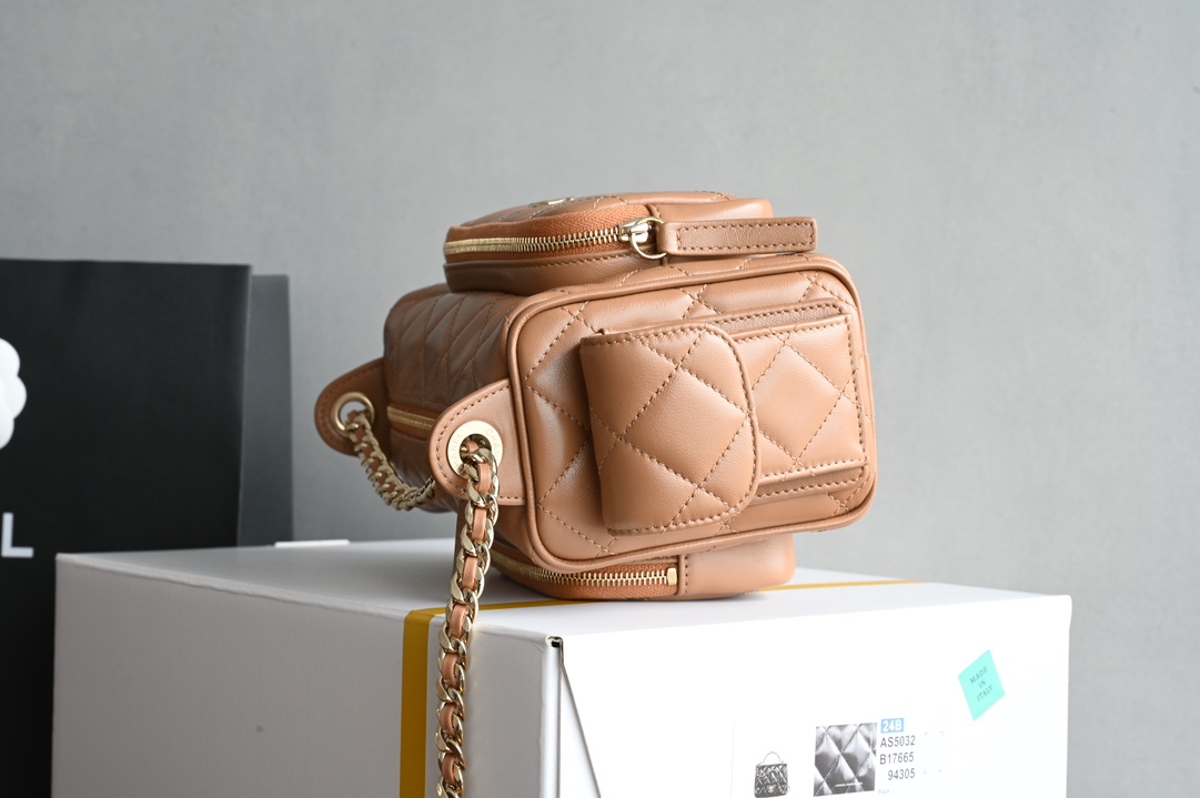 24K Camera Bag in Caramel Quilted Lambskin with Light Gold-Tone Hardware (Model AS5156) - Mocuir