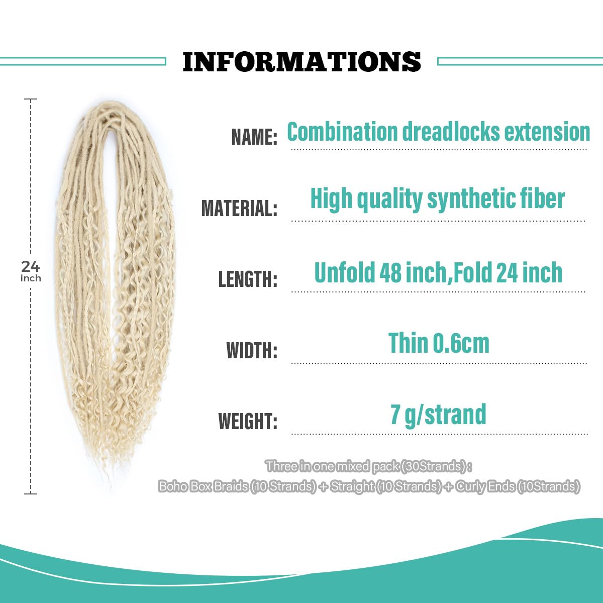 24 Inch 3 In 1 Dreadlock Extensions Sets, 30 Strands Mixed Blonde Synthetic DE Dreads Extensions, 100% Handmade Soft Double Ended Curly Boho Wavy Dreads for Girls
