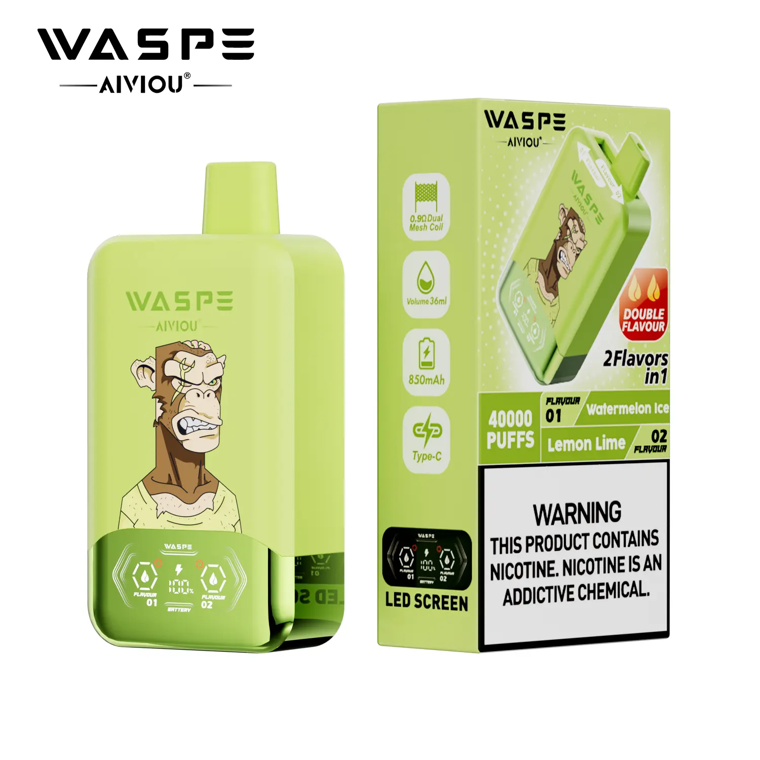 （3 pieces）WASPE 40000 40K Puffs Double Taste LCD Display Disposable Vape