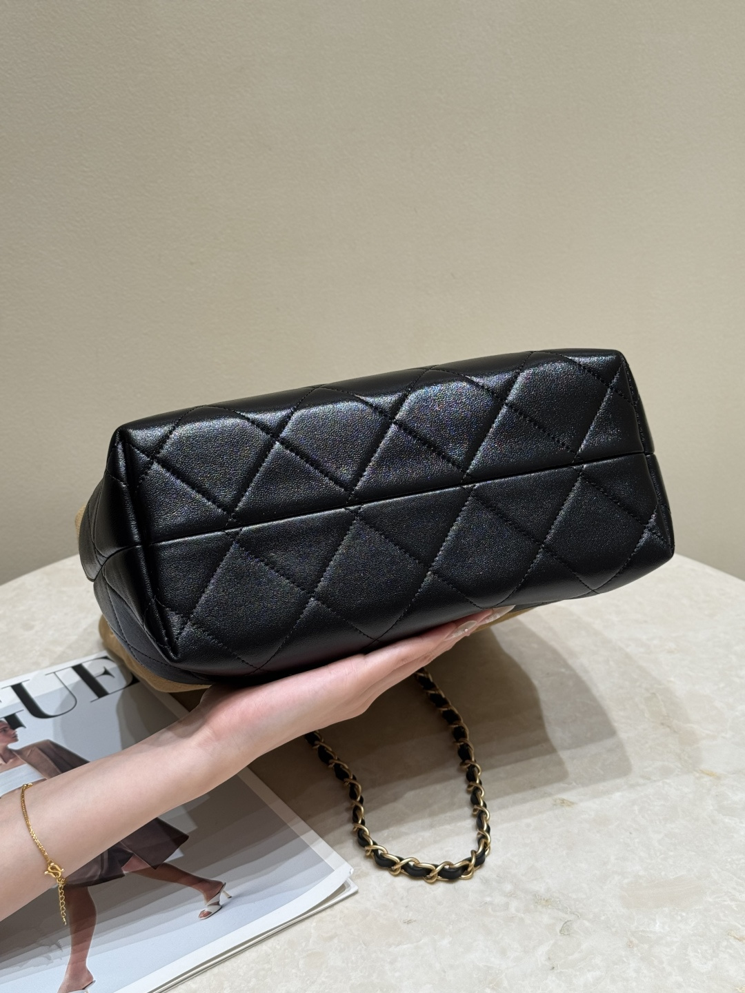 25A Pre-Fall Collection AS5634 Hobo Bucket Bag in Caramel Suede Calfskin & Black Lambskin with Antique Gold-Tone Hardware - Mocuir