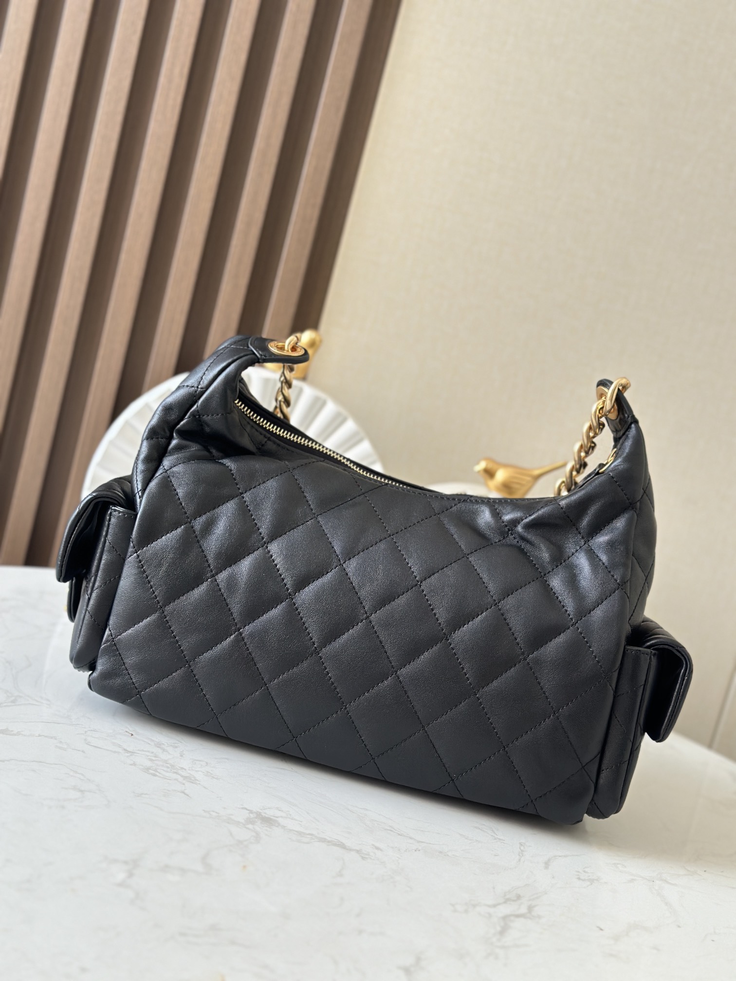 Black Quilted Lambskin Multi-Pocket Hobo Bag with Gold Hardware - Mocuir