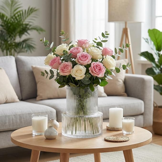 VASEA Ribbed Glass Vase, Flower Vase