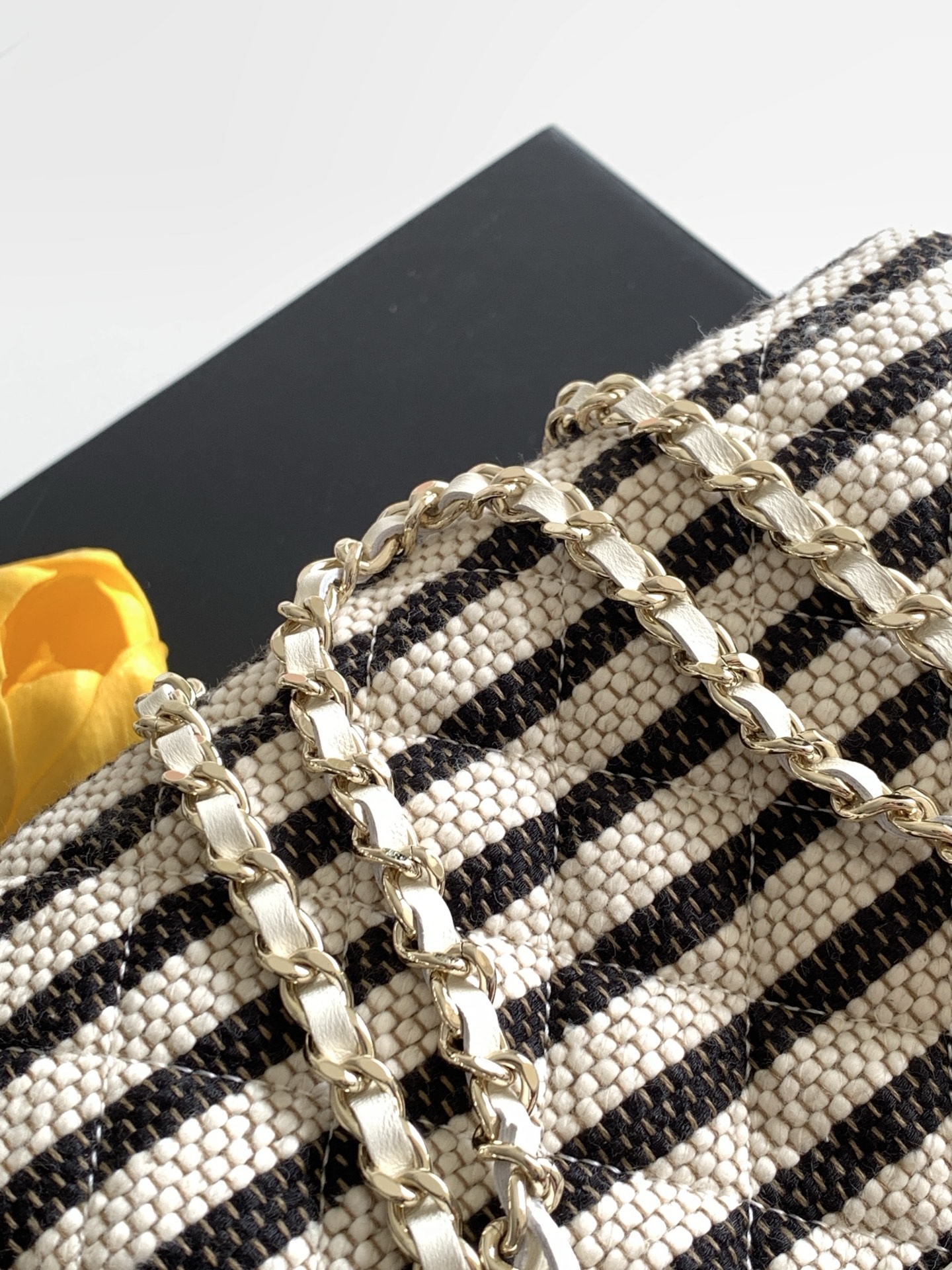 Deauville Striped Quilted Box Bag Vanity Case in Black with Light Gold-Tone Hardware - Mocuir