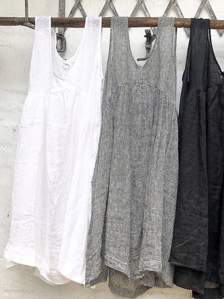 Solid Color Sleeveless Long Type Linen Top Vest