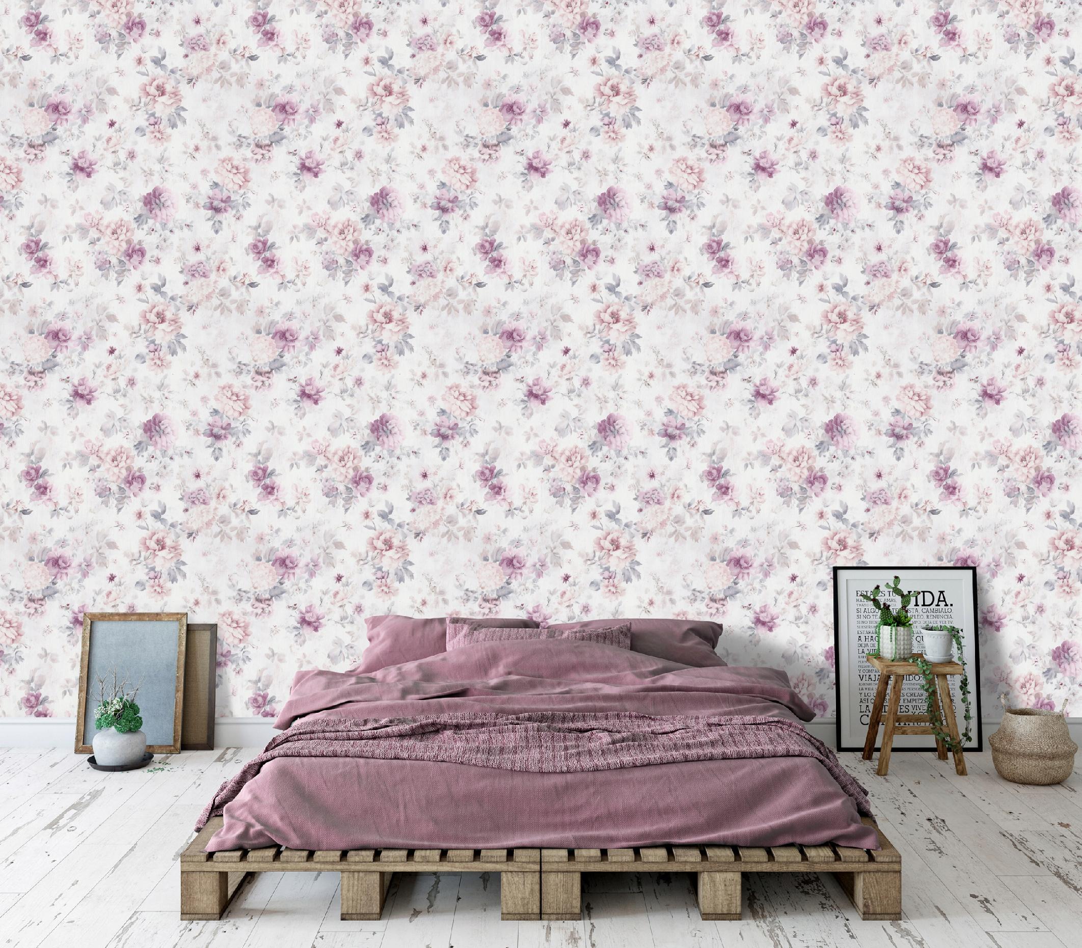 Wallpaper with romantic rose flowers on non-woven fabric for living room and bedroom walls