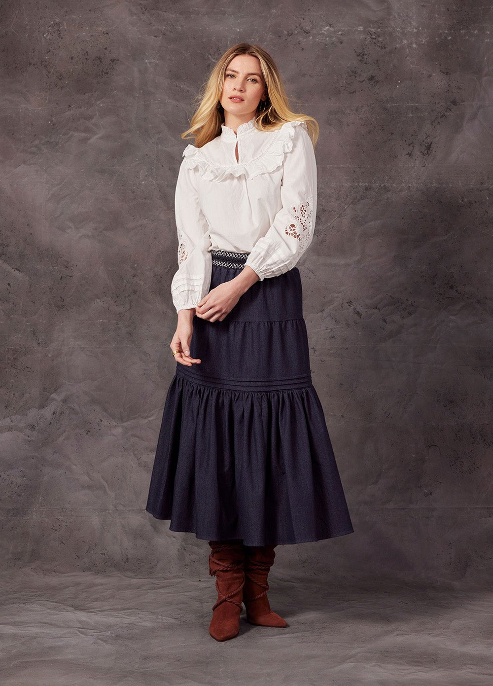 Ruffle Broderie High-Neck Blouse‌