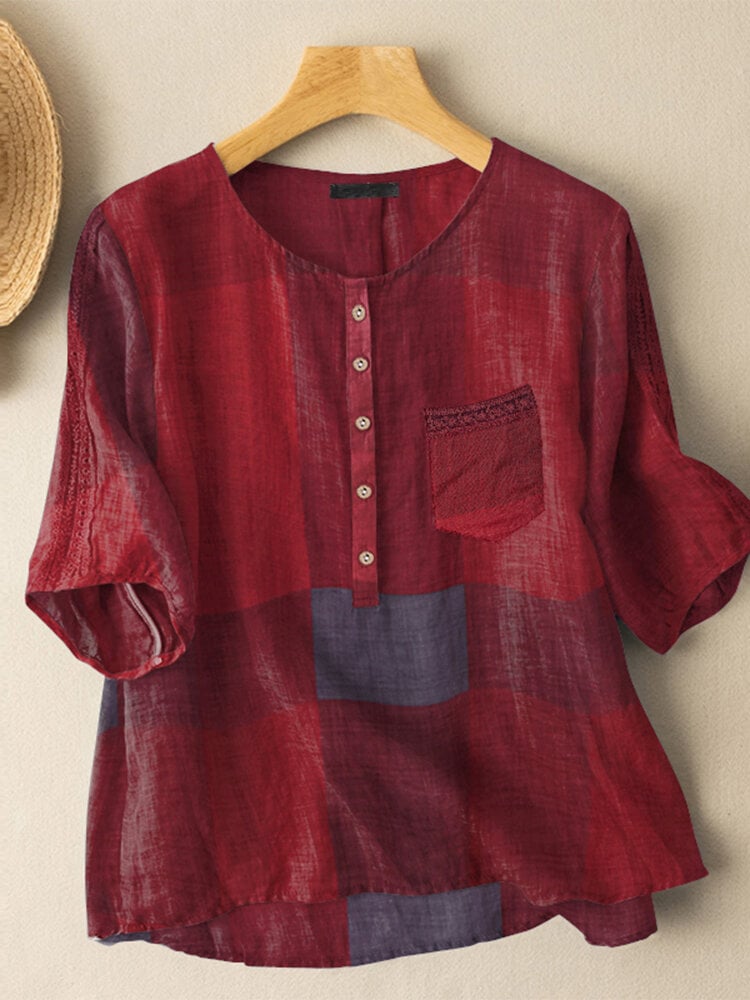 Plaid Pattern Pocket Button Front Crew Neck Blouse