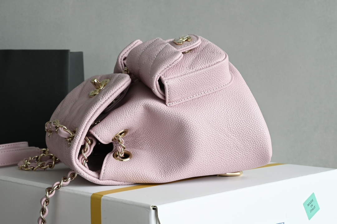 Duma Backpack in Light Pink Quilted Shiny Caviar Leather with Light Gold-Tone Metal (Model AS3857) - Mocuir