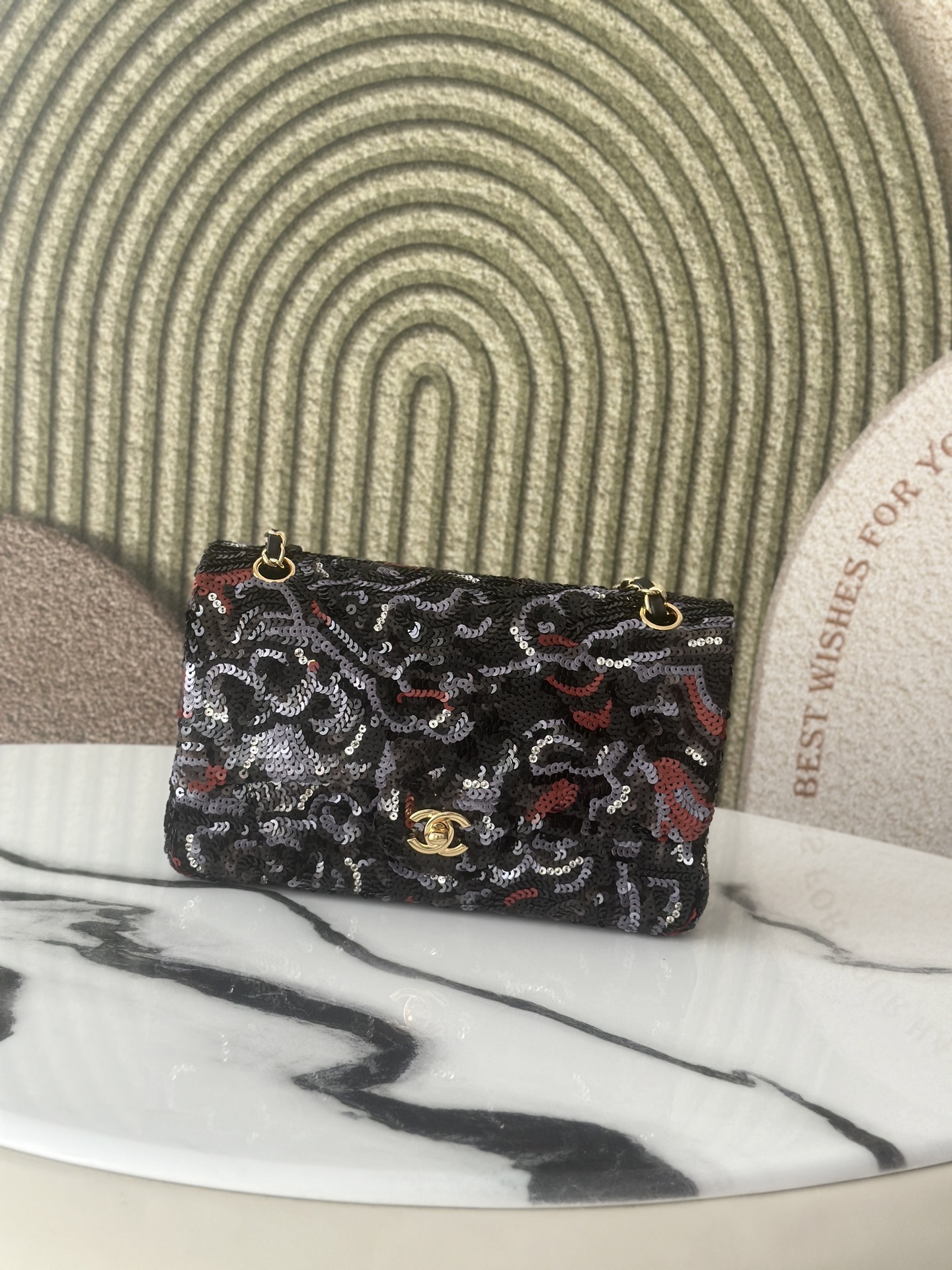 Limited Edition Black Red Grey Sequin Abstract Quilted Mini Classic Flap Bag with Gold-Tone Hardware - Mocuir