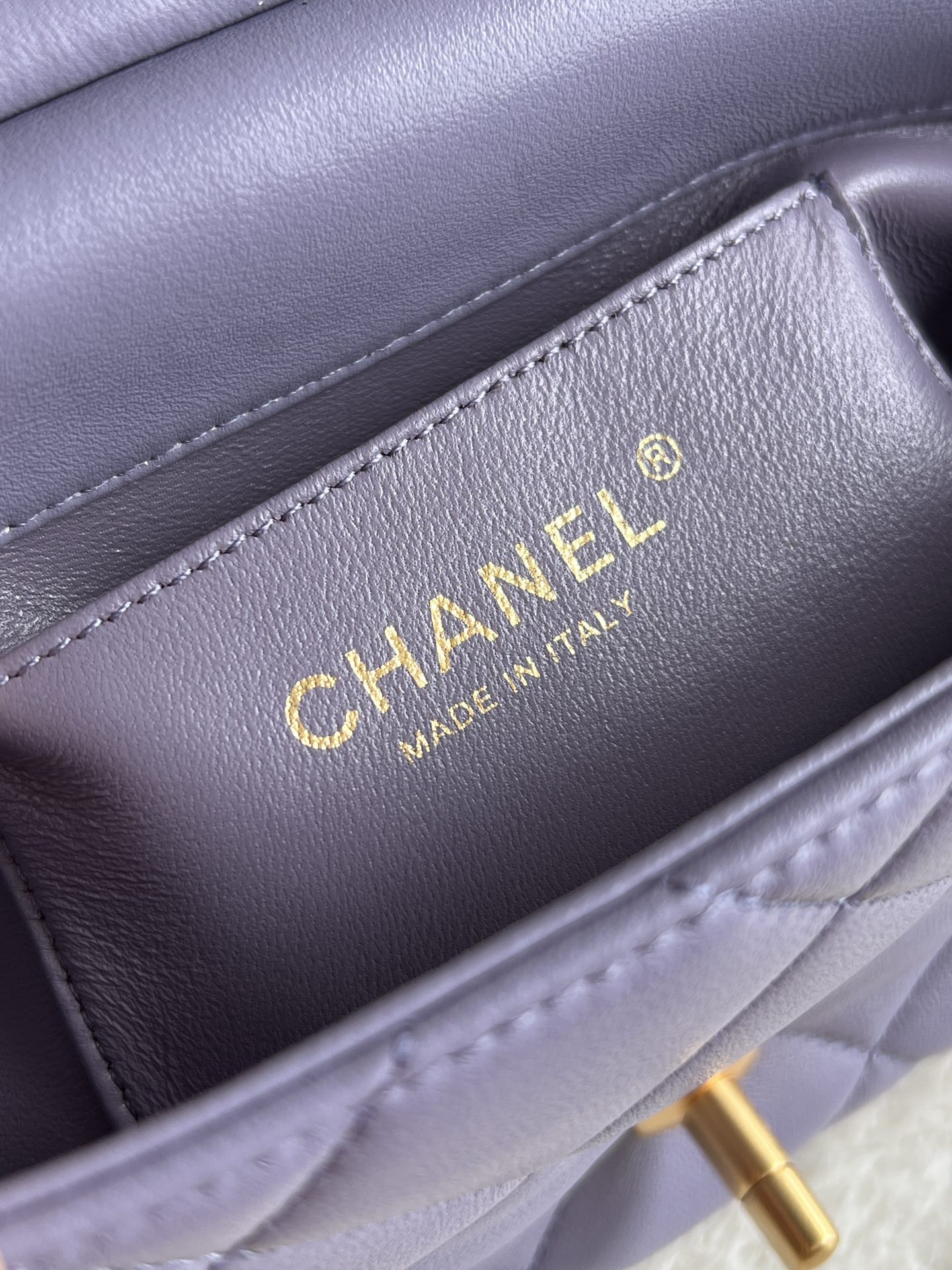 24A Mini Classic Flap Bag in Tato Purple Quilted Lambskin with Pearl & Crystal CHANEL Letter Chain and Light Gold-Tone Hardware (AS4997) - Mocuir