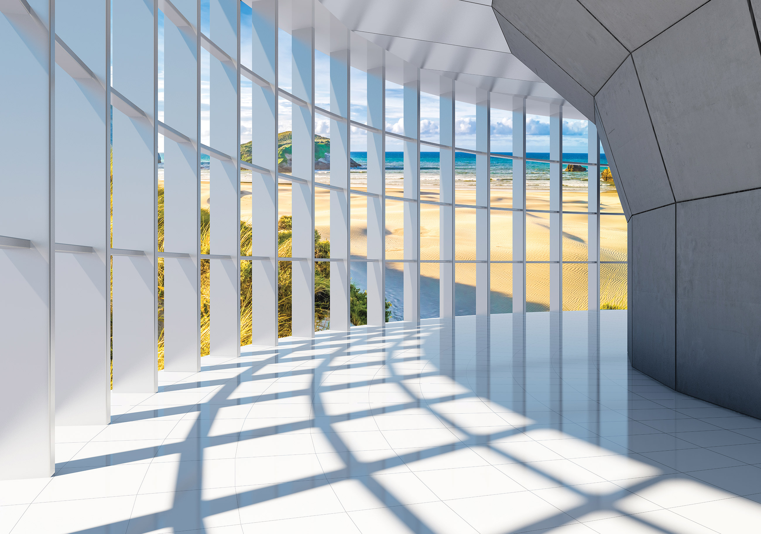 3D wall mural: window, dunes, beach, sky, sea, living room