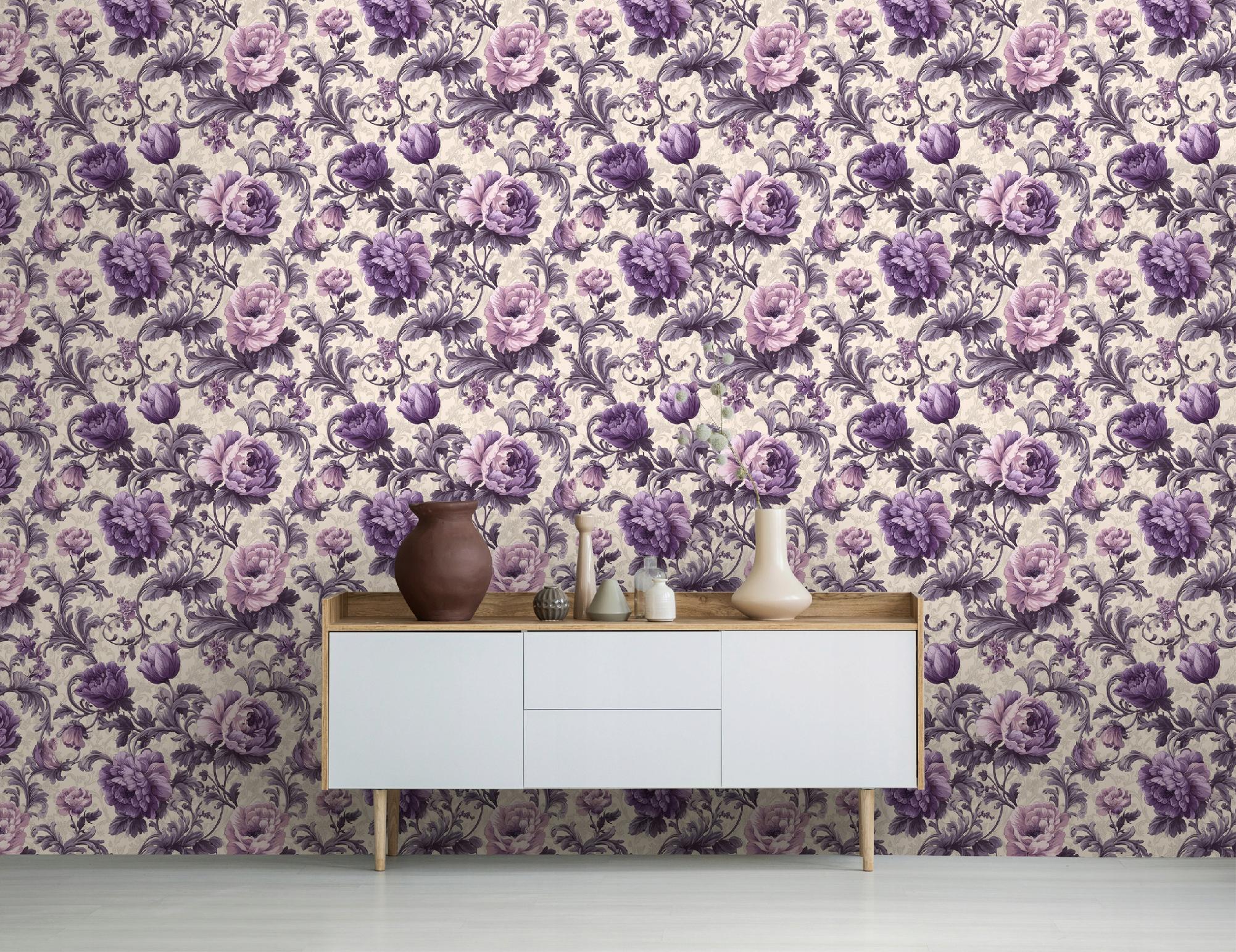 Purple flower wallpaper on non-woven fabric for the living room and bedroom