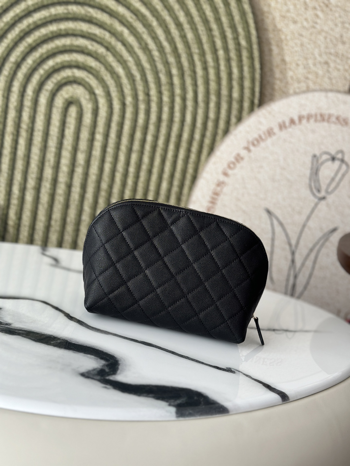 Classic Quilted Caviar Curvy Pouch Cosmetic Case in Black with Gold-Tone Hardware - Mocuir