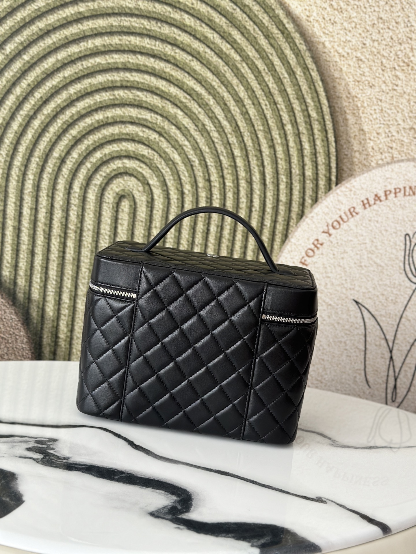 Black Lambskin Quilted Large Vanity Case with Crystal Zipper - Mocuir