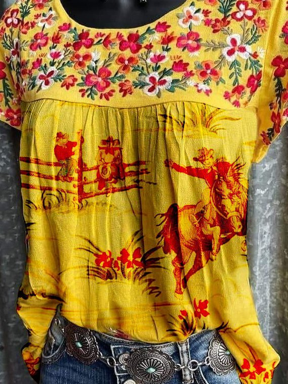 Floral Embroidered Women Casual Western Tees