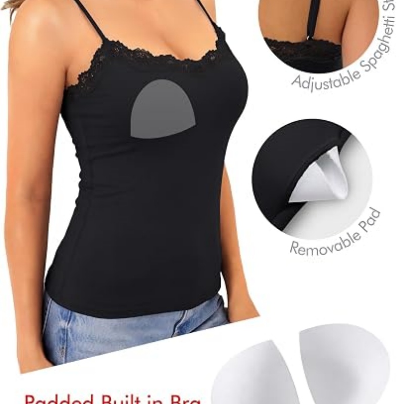 Womens Built in Bra Lace Tank Tops Going Out Double Lined Cami Shirt