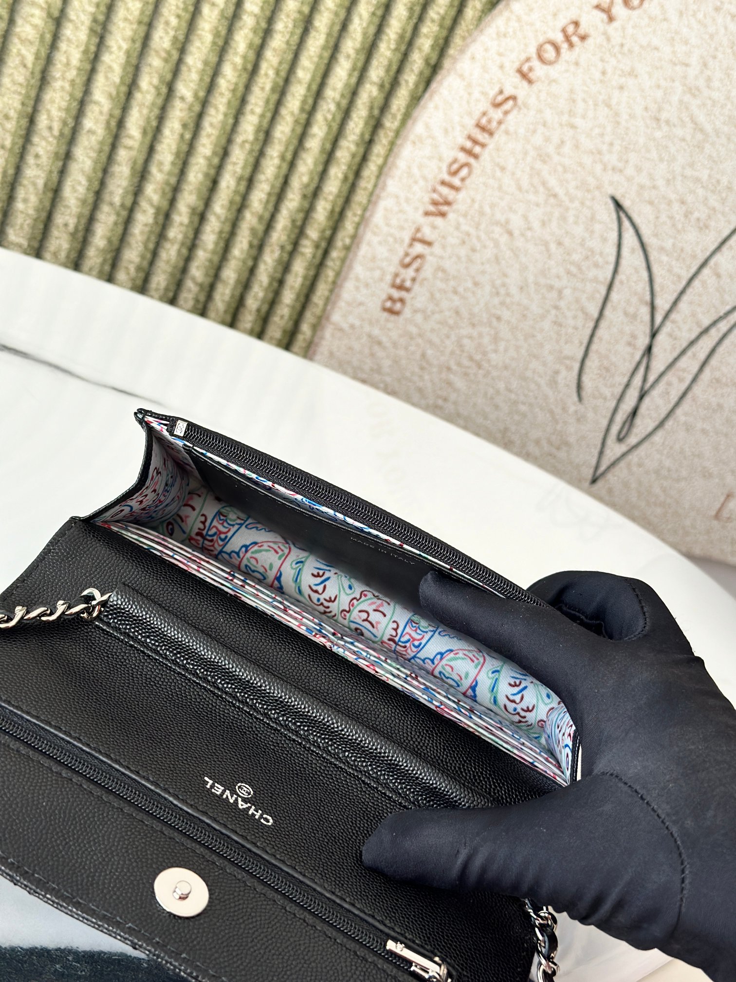 Wallet on Chain (WOC) 25C Collection in Black Quilted Caviar Leather with Brushed GoldSilver-Tone Hardware - Mocuir