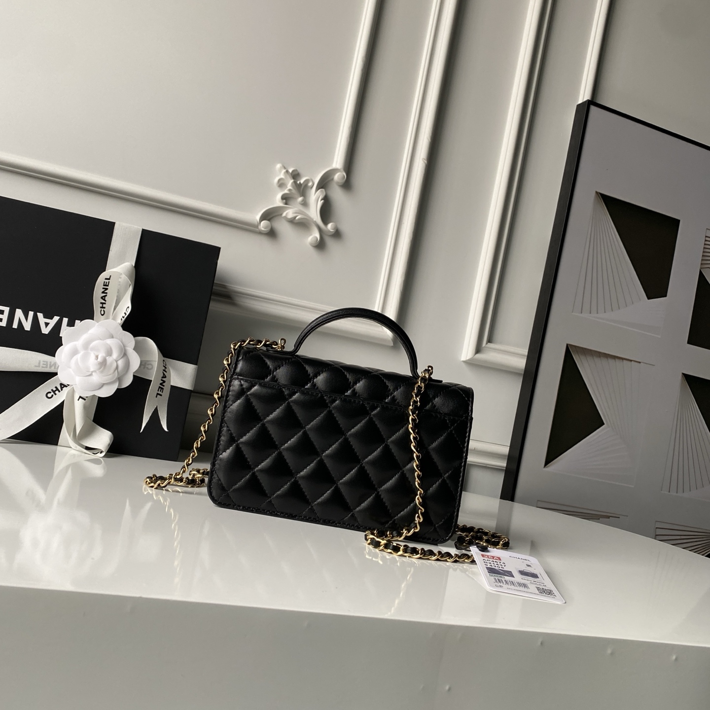 Mini Top Handle Flap Messenger Bag in Black Quilted Lambskin with Light Gold-Tone Hardware - Mocuir